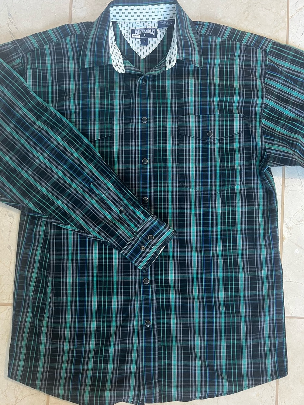 Panhandle Plaid Western Button Down Shirt Long Sleeve Slim Mens Medium Blue Teal